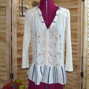 Anthropologie S Off-white L/S Peplum Blouse With Snaps Peplum Waist